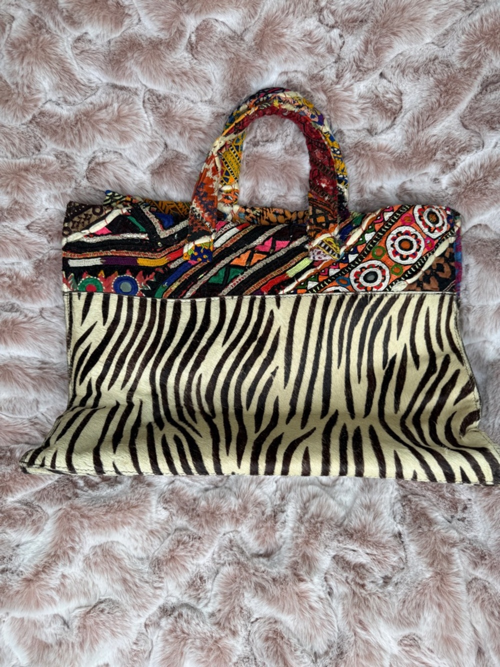 Rose & Rose Zebra Haircalf Leather Embroidered Boho Tote Bag Handmade Patchwork